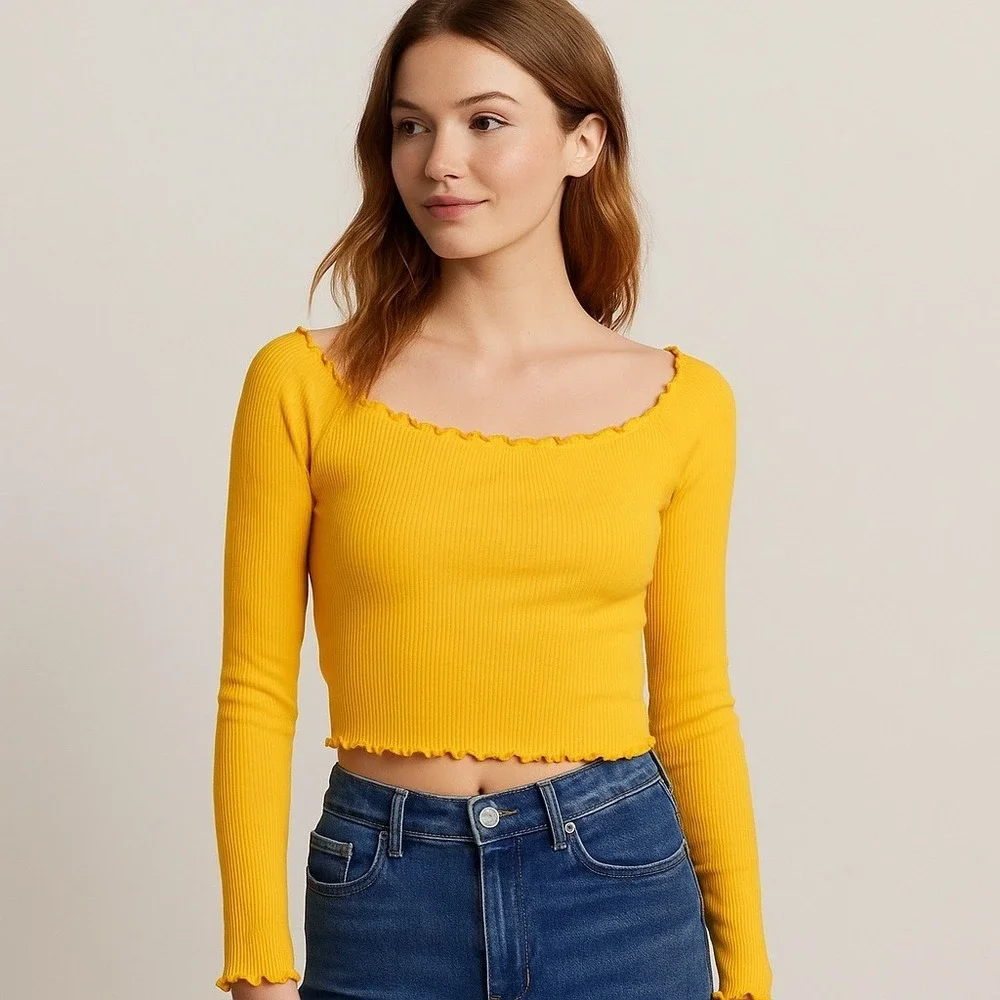 H&M Sz S Juniors Crop Top Ribbed Knit Lettuce Hem Coquette Festival Baddie Y2K